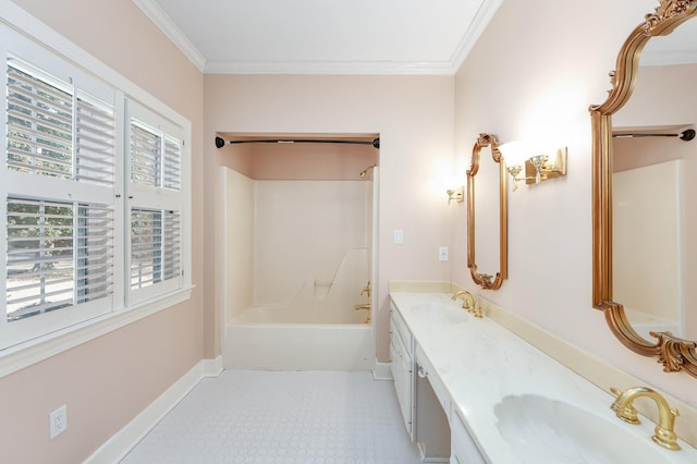 bathroom with a wealth of natural light, vanity, and ornamental molding