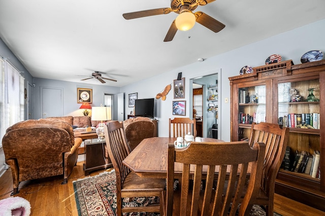 dining room with ceiling fan and wood-type flooring