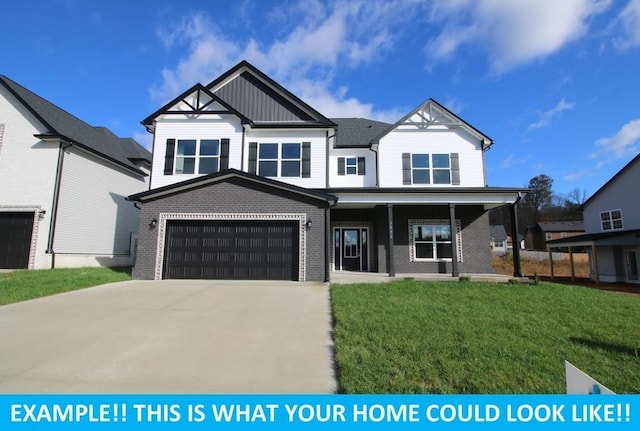 view of front of home featuring a garage, a porch, and a front yard