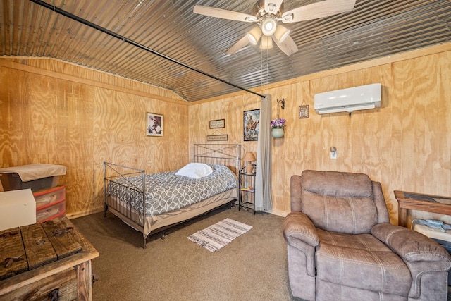 126 Andrea Ln, Monterey, TN 38574 - bedroom with a wall unit AC, carpet, wooden walls, and lofted ceiling