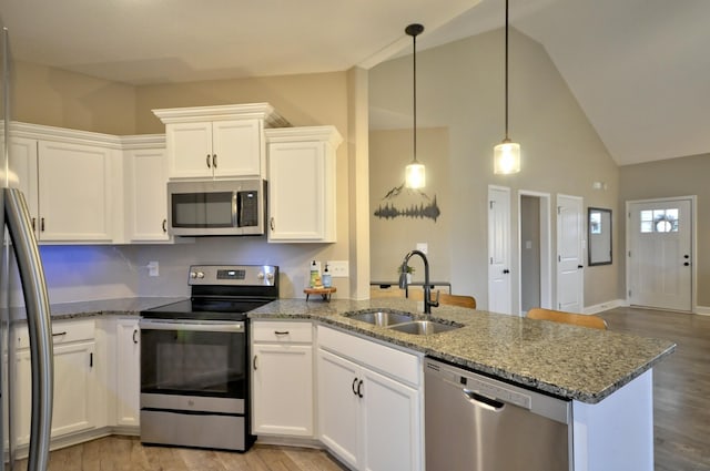 kitchen with white cabinetry, stainless steel appliances, light stone counters, and sink