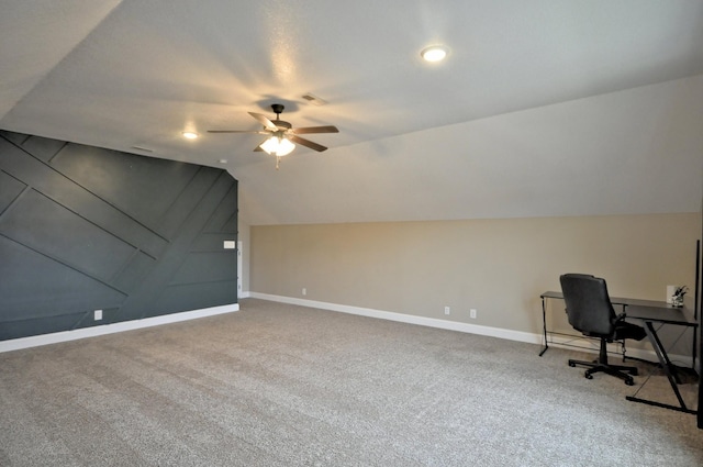 office with lofted ceiling, carpet flooring, and ceiling fan