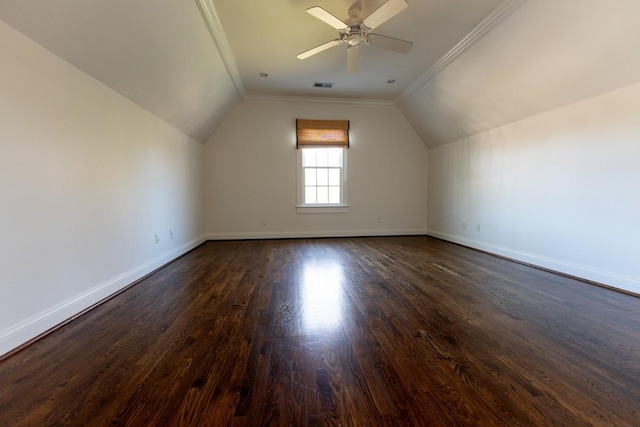 bonus room featuring lofted ceiling, ceiling fan, and dark hardwood / wood-style floors