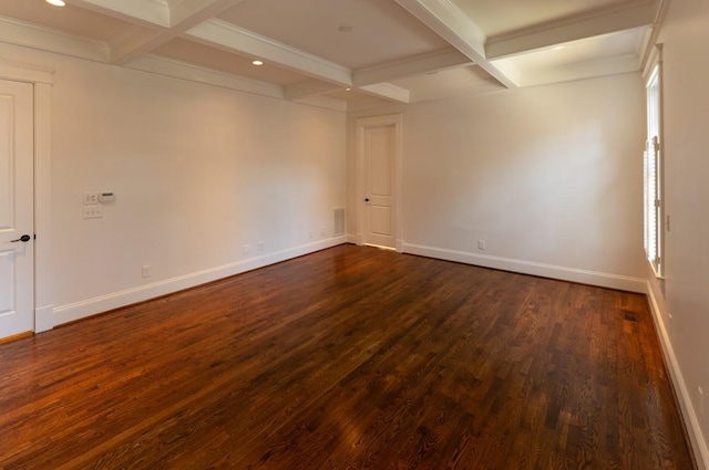 empty room featuring coffered ceiling, beamed ceiling, and dark hardwood / wood-style floors