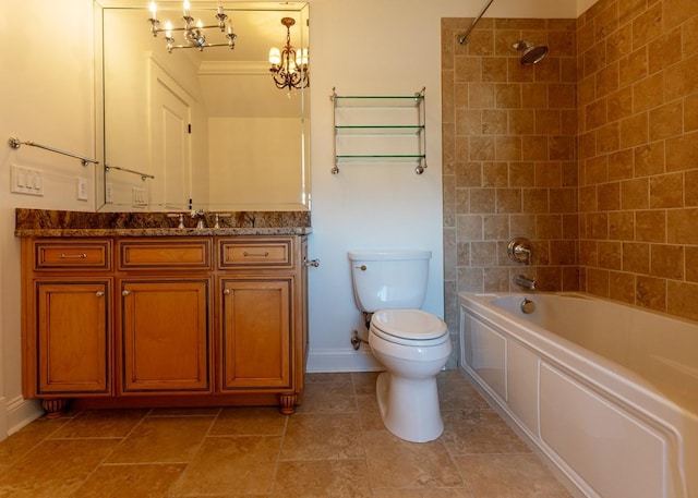 full bathroom featuring toilet, vanity, tiled shower / bath combo, and a notable chandelier