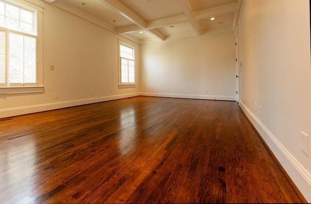 empty room featuring coffered ceiling, dark hardwood / wood-style flooring, and beamed ceiling