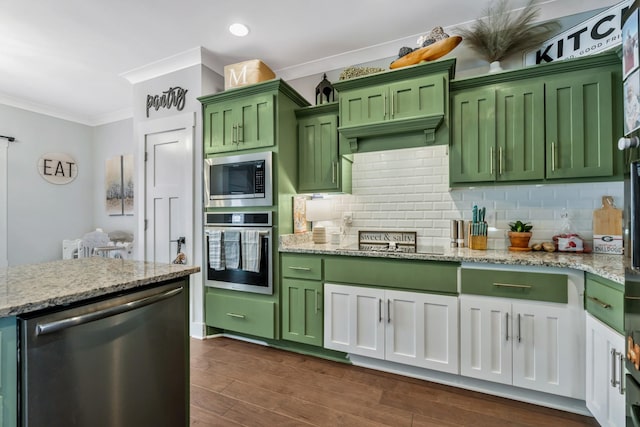 kitchen with ornamental molding, appliances with stainless steel finishes, backsplash, and light stone countertops