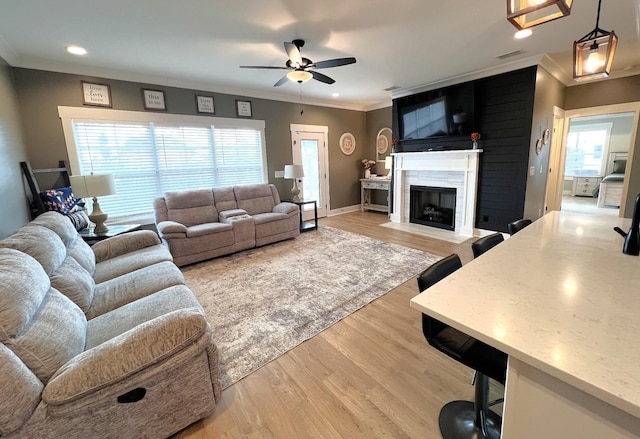 living area featuring a fireplace, a ceiling fan, visible vents, light wood finished floors, and crown molding