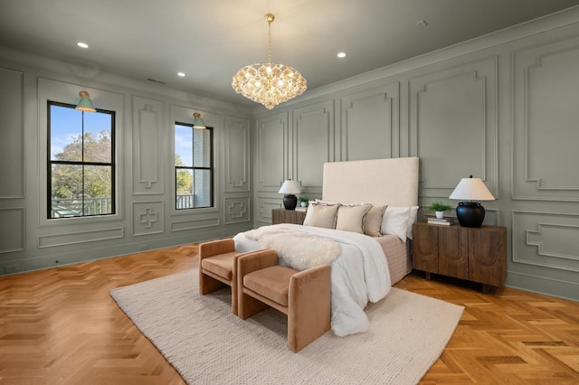 bedroom featuring a notable chandelier and light parquet flooring