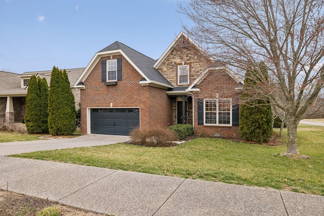 traditional-style home featuring a garage, a front yard, brick siding, and driveway