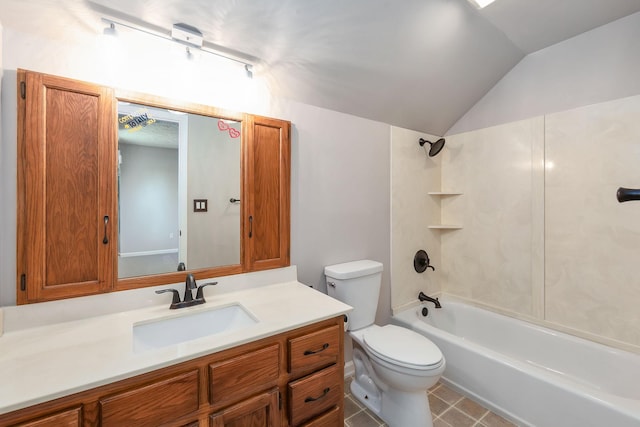 full bathroom with lofted ceiling, vanity, toilet, and bathtub / shower combination