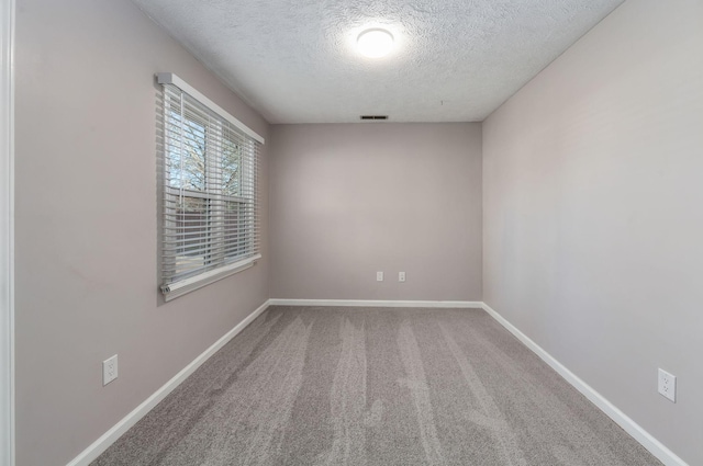 unfurnished room with carpet and a textured ceiling