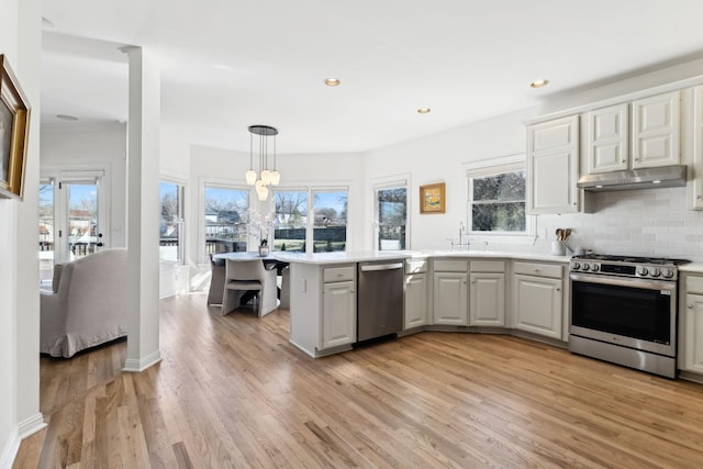 kitchen featuring appliances with stainless steel finishes, light hardwood / wood-style floors, kitchen peninsula, hanging light fixtures, and decorative backsplash