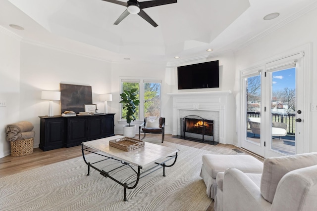 living room featuring a raised ceiling, a wealth of natural light, and light hardwood / wood-style flooring