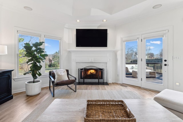 living room with ornamental molding, a premium fireplace, and light hardwood / wood-style floors