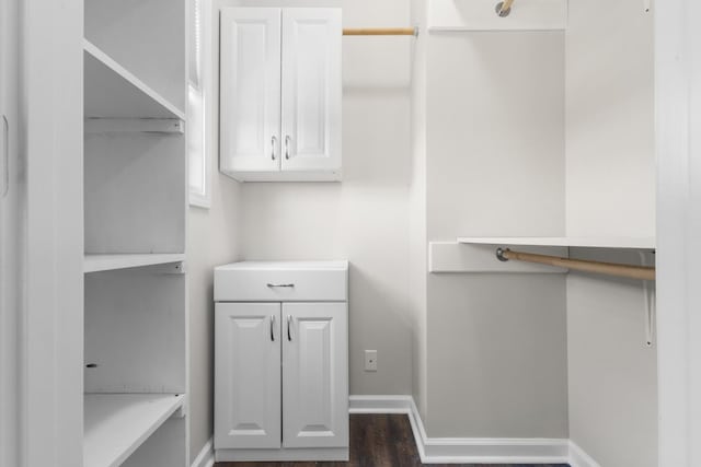 walk in closet with dark wood-type flooring