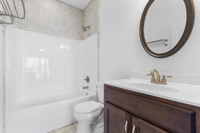 full bathroom with vanity, tile patterned flooring, toilet, and  shower combination