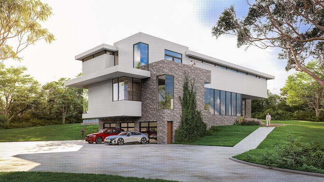 view of front facade featuring a front yard, stone siding, and stucco siding