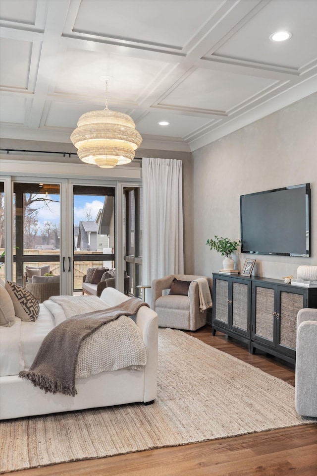 bedroom featuring access to outside, dark hardwood / wood-style floors, and coffered ceiling