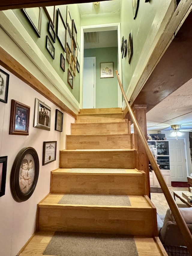 stairway featuring ceiling fan and hardwood / wood-style floors