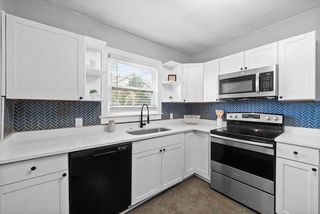 kitchen featuring appliances with stainless steel finishes, sink, tasteful backsplash, and white cabinets