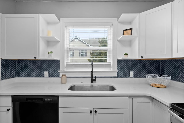 kitchen featuring sink, black dishwasher, backsplash, white cabinetry, and stainless steel range with electric cooktop