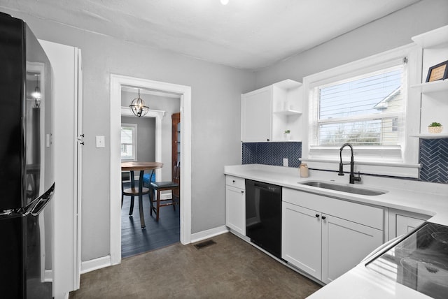 kitchen featuring white cabinets, sink, black appliances, and backsplash