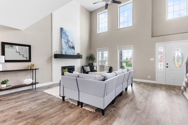 living room featuring a large fireplace, hardwood / wood-style flooring, and a healthy amount of sunlight