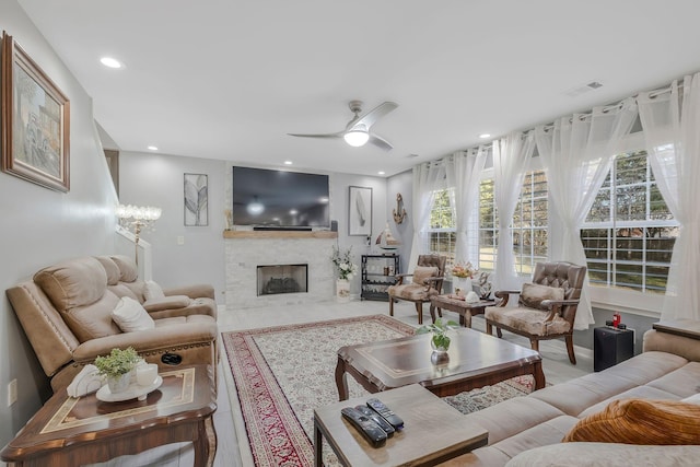 living room featuring ceiling fan