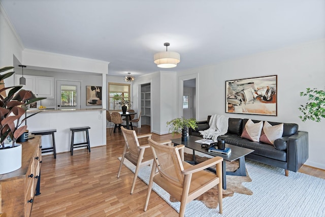 living room with ornamental molding and light hardwood / wood-style floors