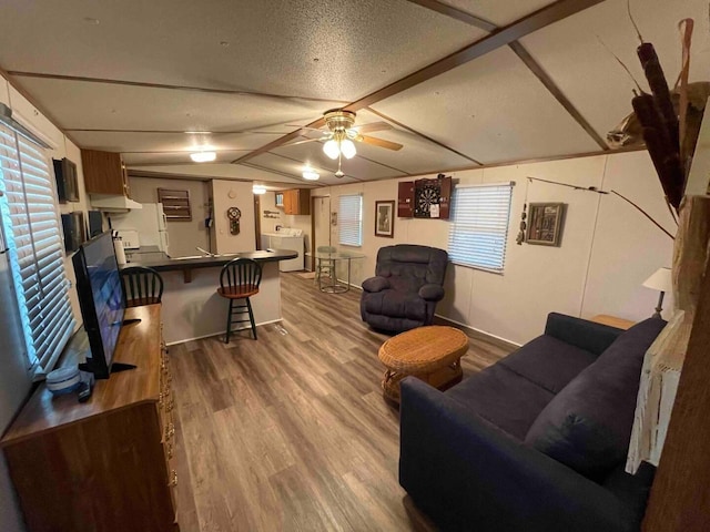 living room with washer / clothes dryer, lofted ceiling, plenty of natural light, and light hardwood / wood-style flooring