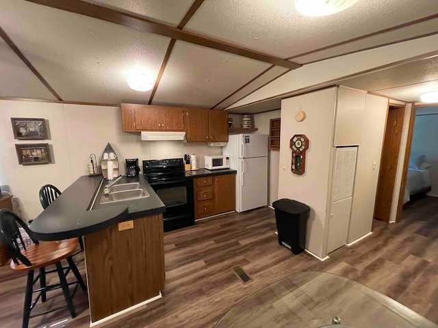 kitchen with sink, white appliances, dark hardwood / wood-style floors, and kitchen peninsula