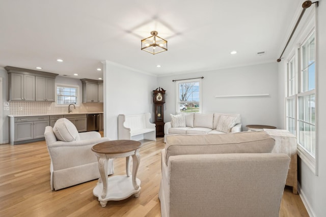 living room featuring light hardwood / wood-style flooring, sink, and crown molding