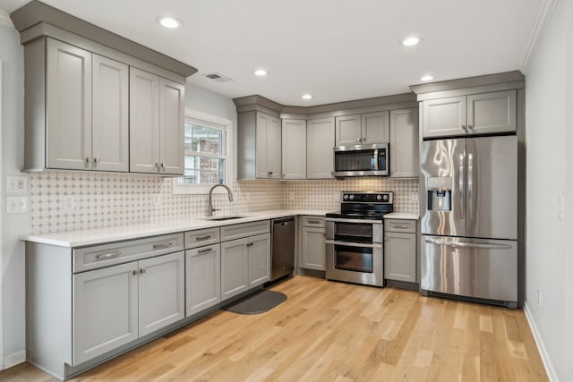 kitchen featuring light wood-type flooring, sink, gray cabinets, tasteful backsplash, and appliances with stainless steel finishes