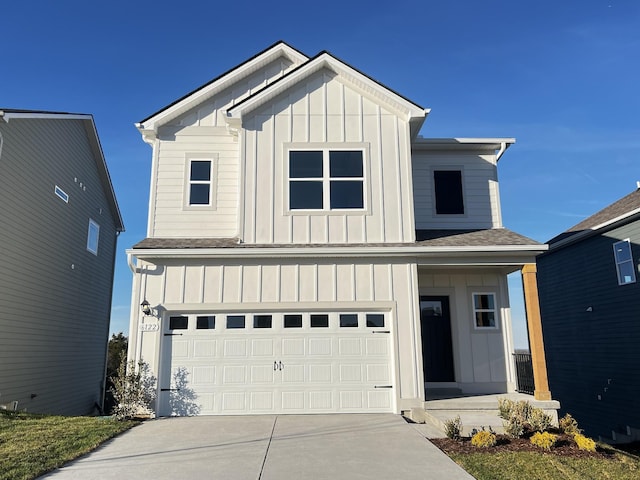 modern farmhouse style home with a garage, driveway, a shingled roof, and board and batten siding