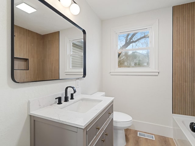 bathroom featuring toilet, vanity, wood-type flooring, and a bath