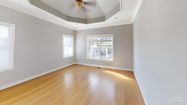 spare room featuring a raised ceiling, light wood-type flooring, crown molding, and ceiling fan