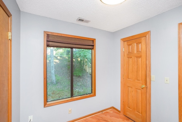 empty room featuring a wealth of natural light, a textured ceiling, and light hardwood / wood-style flooring