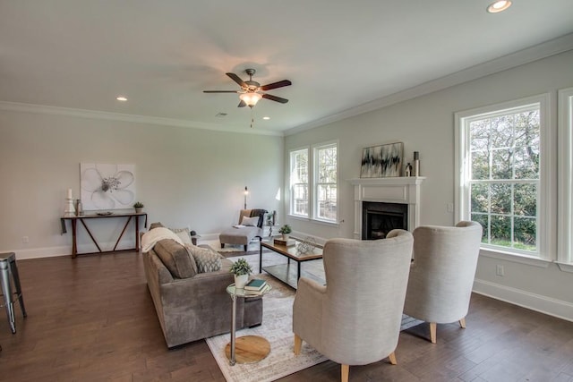 living room featuring ceiling fan, plenty of natural light, crown molding, and dark hardwood / wood-style floors