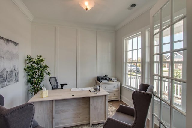 home office with crown molding