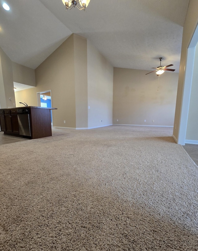 bonus room with high vaulted ceiling, baseboards, carpet flooring, and ceiling fan with notable chandelier