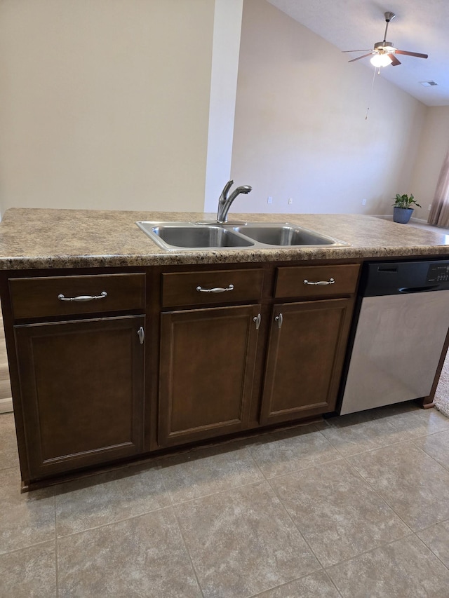 kitchen featuring light countertops, ceiling fan, a sink, dark brown cabinets, and dishwasher