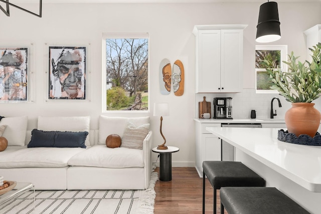 interior space featuring white cabinets, tasteful backsplash, hanging light fixtures, and wood-type flooring