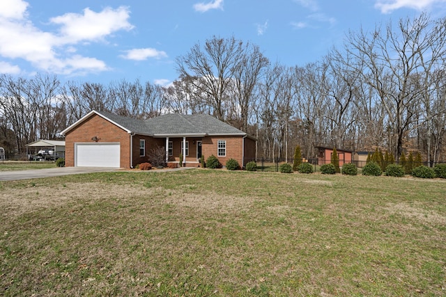 ranch-style house featuring a garage and a front lawn