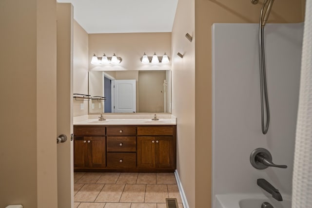 bathroom with shower / bathing tub combination, vanity, and tile patterned floors