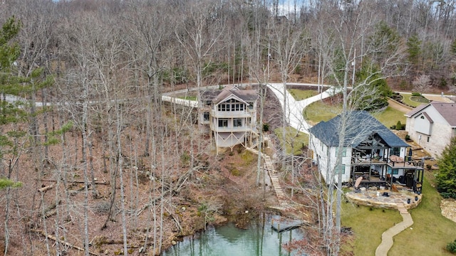 drone / aerial view with a water view