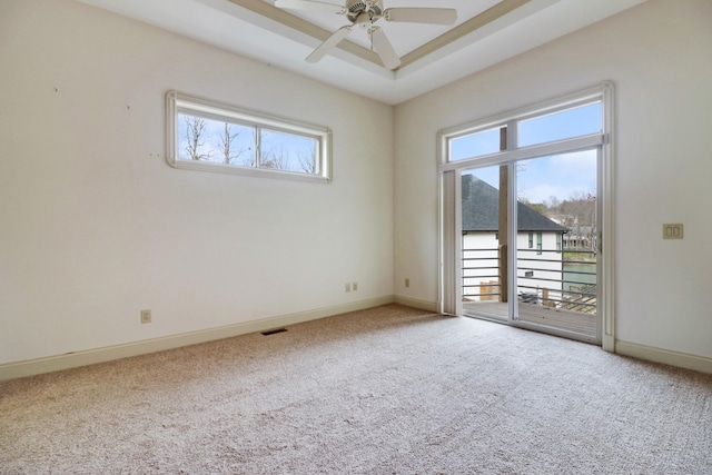 spare room with a tray ceiling, carpet flooring, and a healthy amount of sunlight