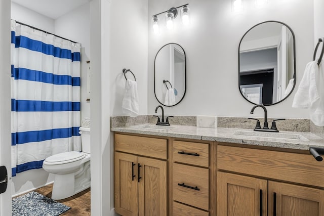 bathroom with toilet, vanity, and walk in shower