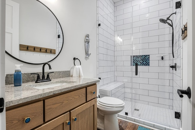 bathroom featuring toilet, vanity, and a shower with shower door