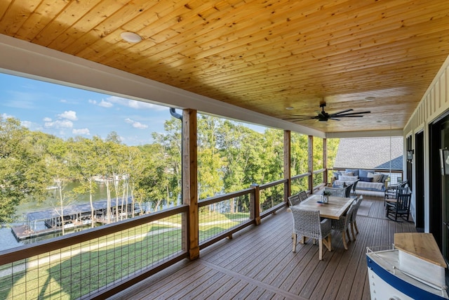 sunroom featuring ceiling fan and wood ceiling